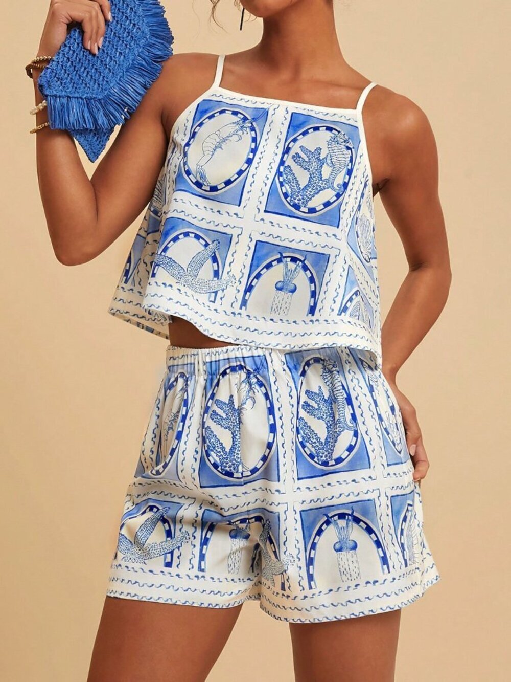 Blue and White Boho Women's Vacation Two-Piece Set - Picture 7 of 7